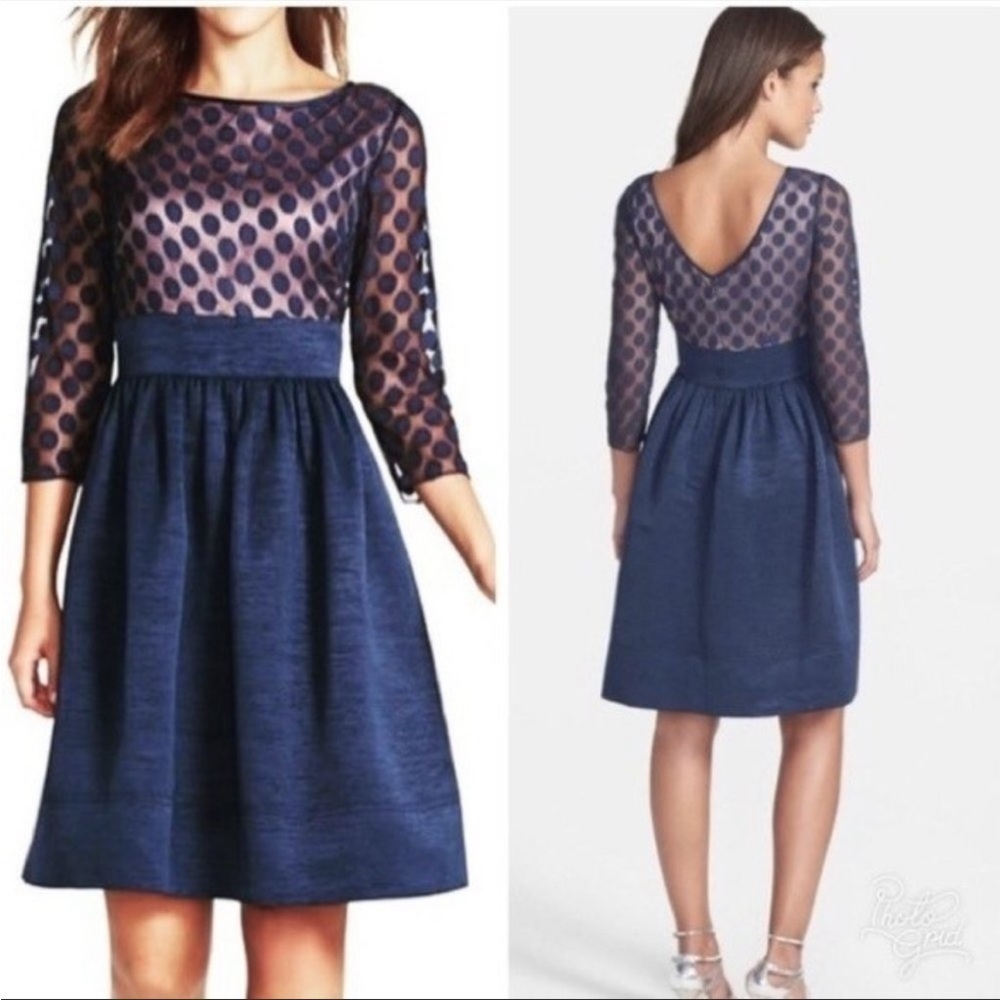 Eliza J Dot Mesh Bodice Fit‎ Flare Dress Navy